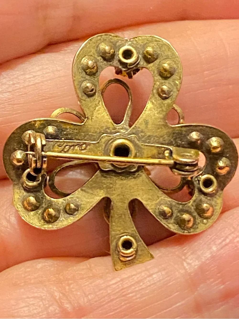 Vintage Gold Tone Coro Brooch 3-Leaf Clover Amber/ Topas Rhinestones Faux Pearls
